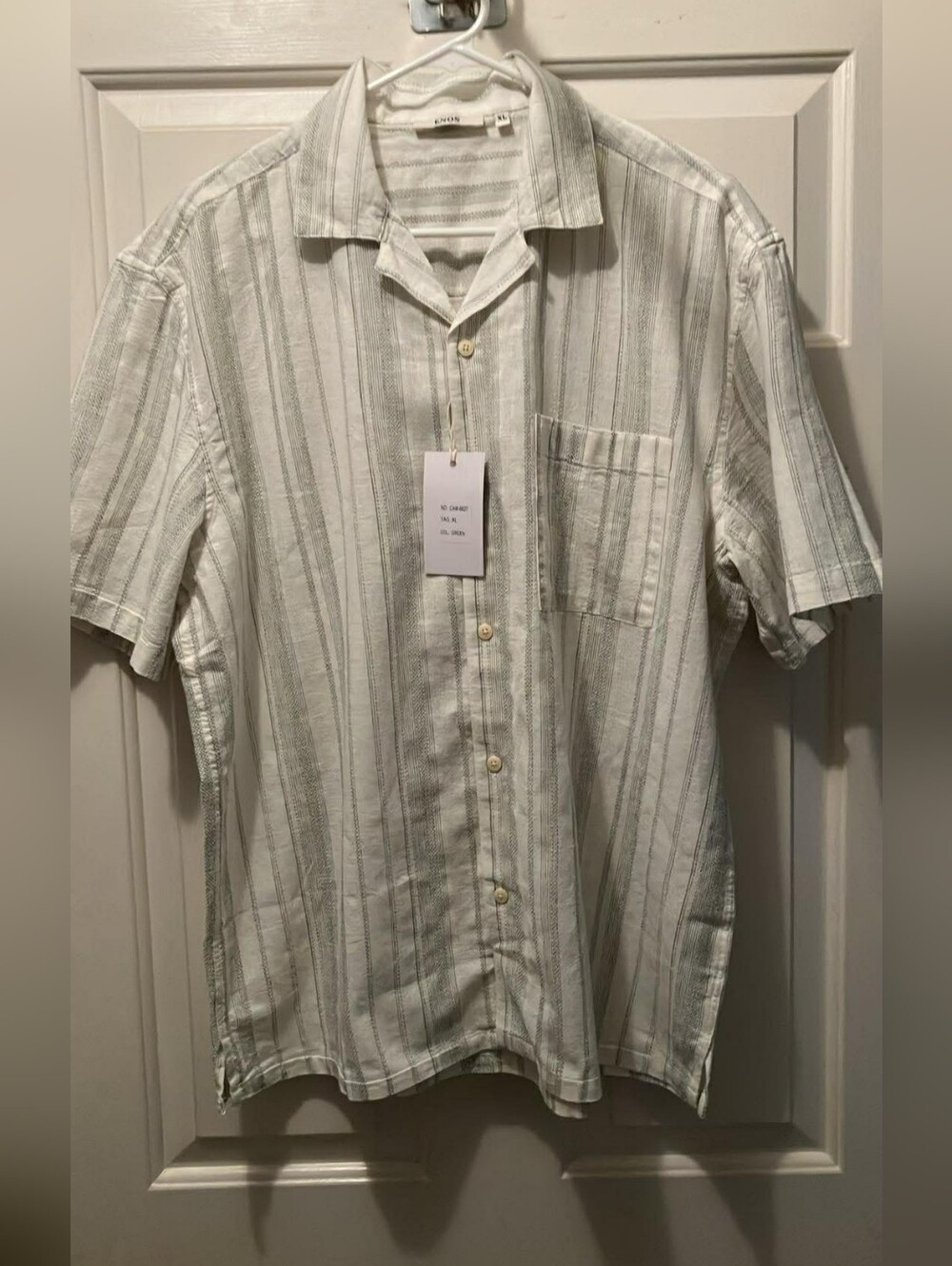 Linen Short-Sleeve Stripe Button-Up Shirt From Greece - White & Light Green